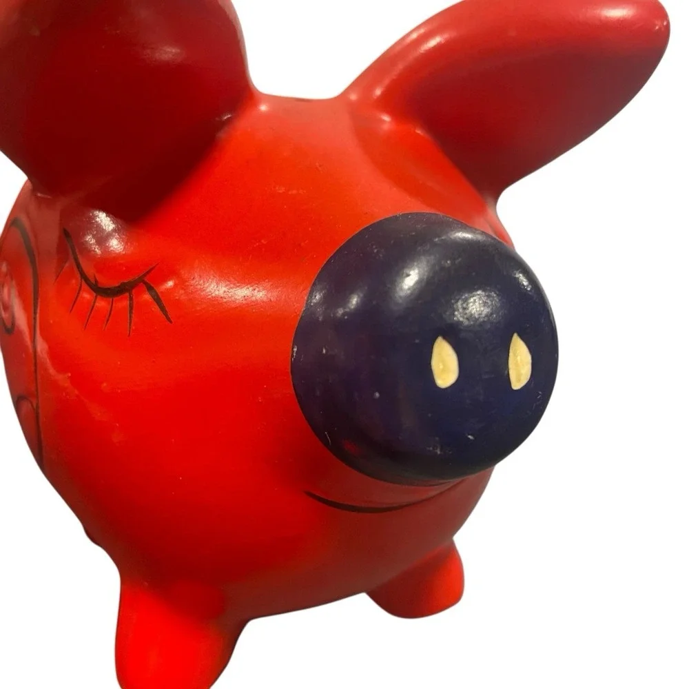 Folk Art Handpainted Piggy Bank Red/Yellow Flowers Tail Handle Ceramic Retro